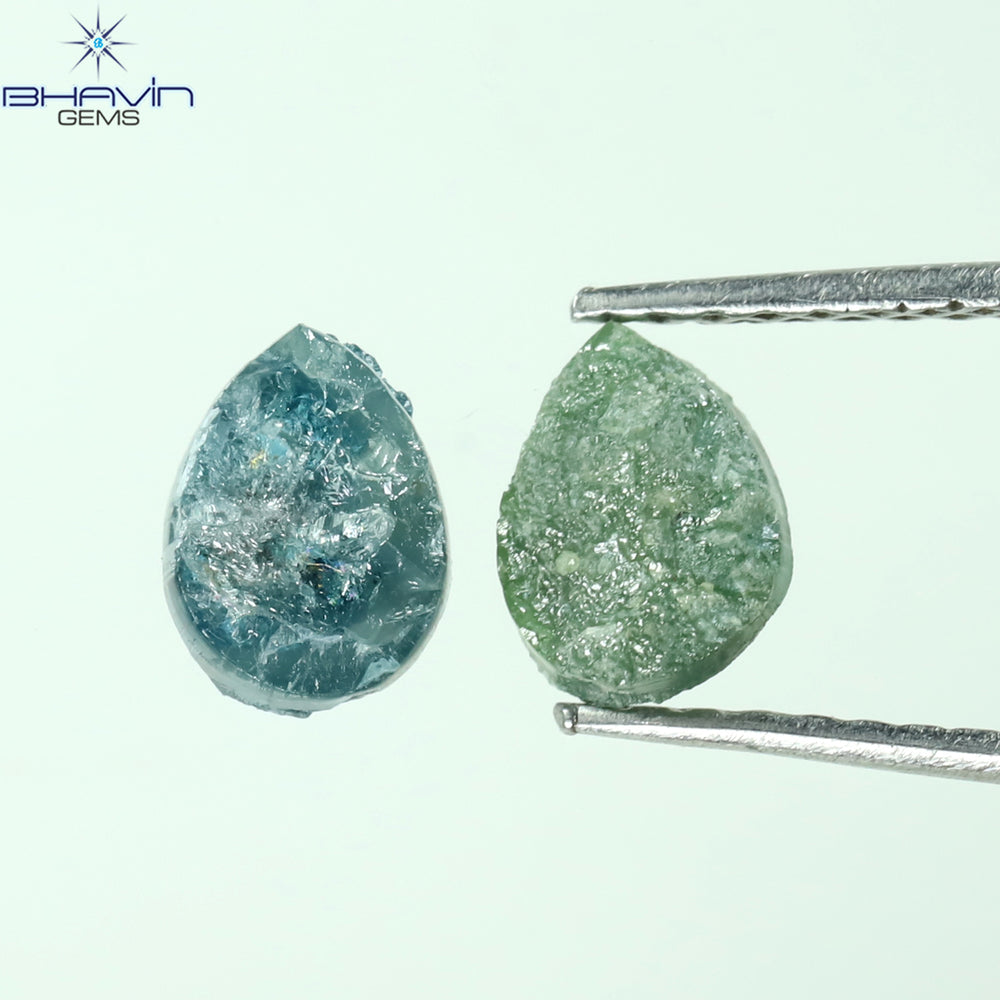 1.19 CT/3 Pcs Pear Rough Shape Blue Green Color Natural Loose Diamond I3 Clarity (6.45 MM)