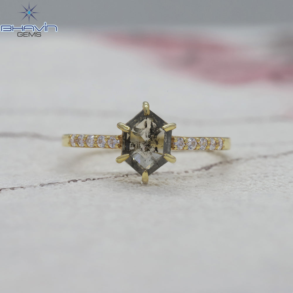 Hexagon Diamond Salt And Pepper Diamond Natural Diamond Ring Gold Ring Engagement Ring