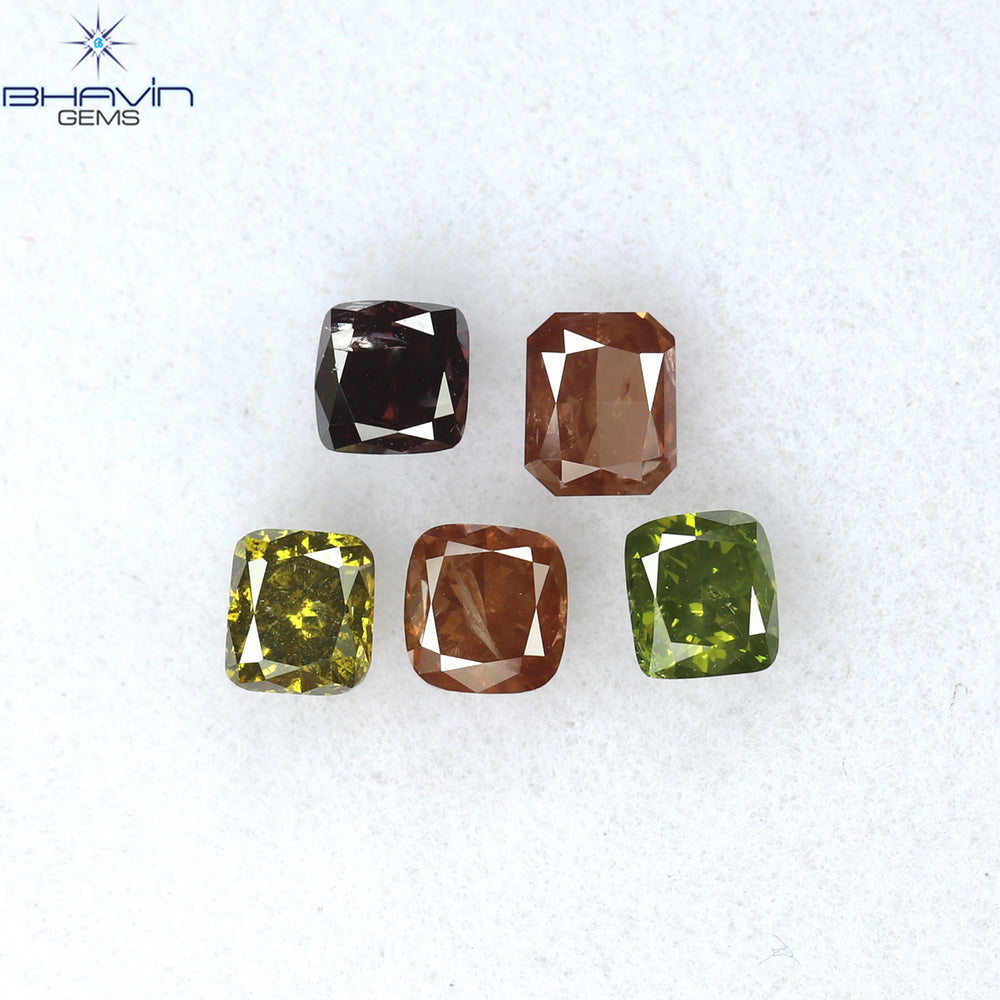 0.82CT/5ピース クッションシェイプ 天然ダイヤモンド ピンクグリーン色 SI2 クラリティ (3.46mm)