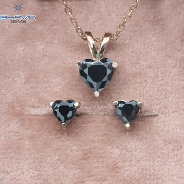 Diamond Pendant-Earring, Heart Diamond, Black Diamond, Yellow Gold, Bridal Necklace