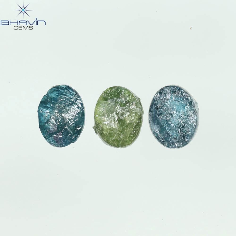 1.36 CT/3 Pcs Oval Rough Shape Blue Green Natural Loose Diamond I3 Clarity (6.70 MM)