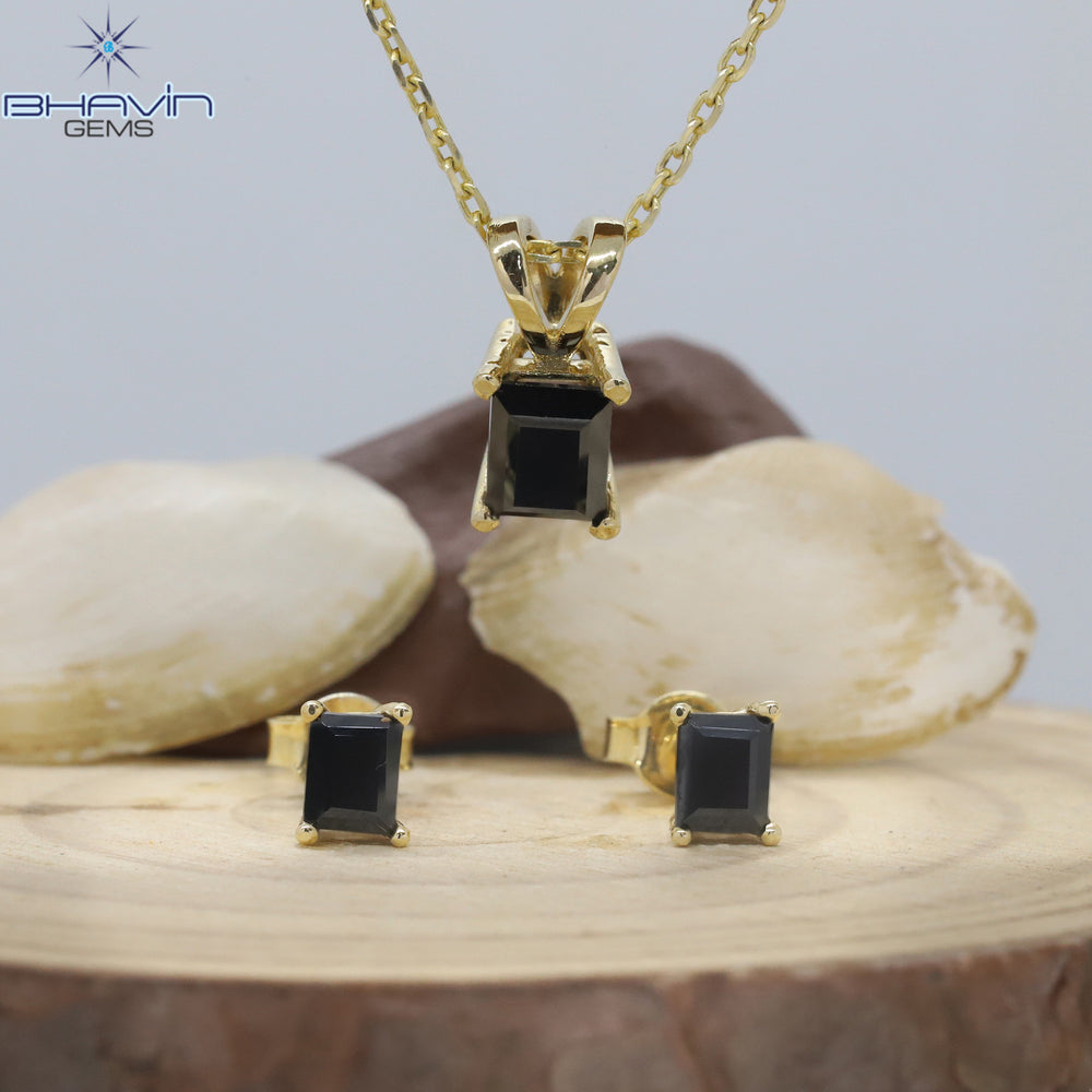 Diamond Pendant-Earring, Emerald Diamond, Black Diamond, Yellow Gold, Bridal Necklace