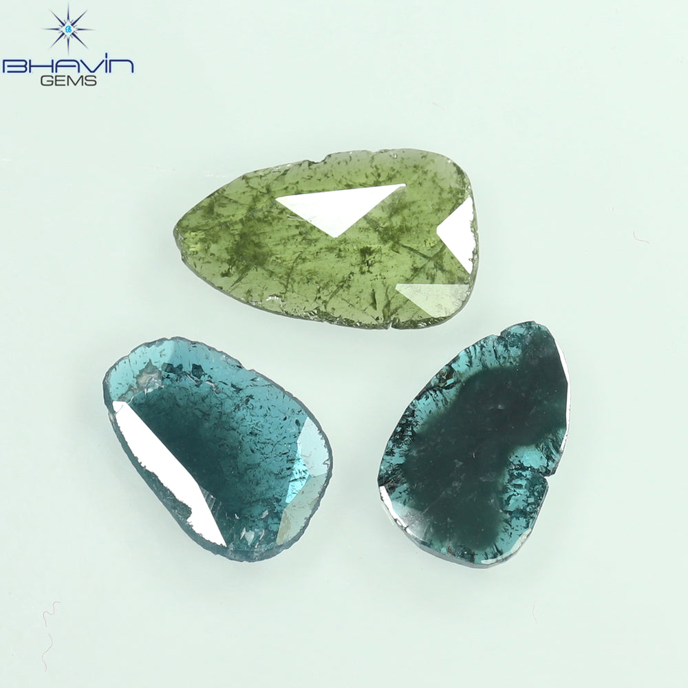 1.74 CT/3 Pcs Slice Shape Natural Diamond Blue Green Color I3 Clarity (11.31 MM)