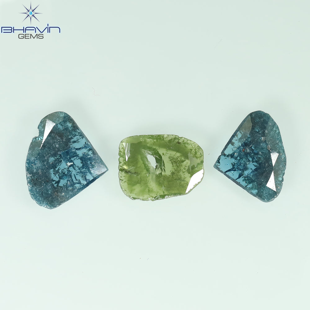 1.38 CT/3 Pcs Slice Shape Natural Diamond Blue Green Color I3 Clarity (9.53 MM)