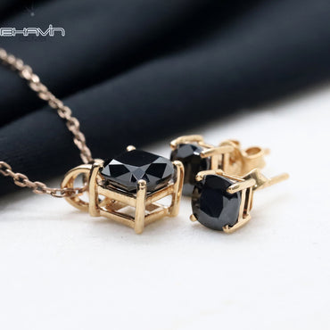 Cushion Diamond Black Natural Diamond Pendant-Earring Rose Gold Bridal Necklace
