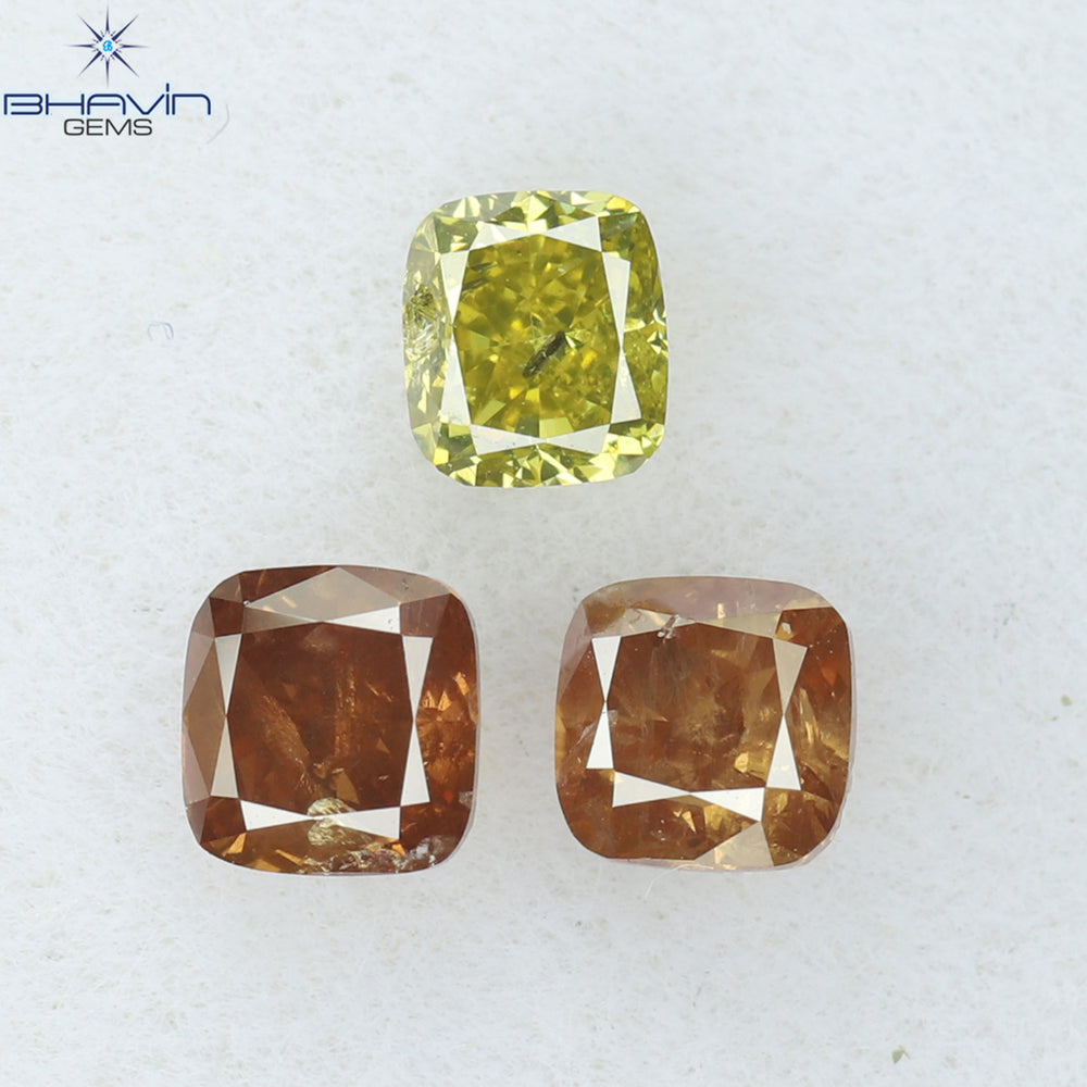 0.65 CT/3 Pcs Cushion Shape Natural Diamond Pink Yellow Color SI2 Clarity (3.18 MM)