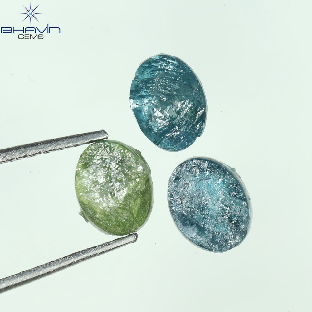 1.36 CT/3 Pcs Oval Rough Shape Blue Green Natural Loose Diamond I3 Clarity (6.70 MM)