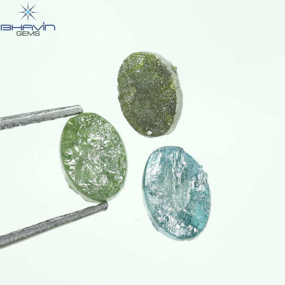 1.40 CT/3 Pcs Oval Rough Shape Blue Green Color Natural Loose Diamond I3 Clarity (6.15 MM)