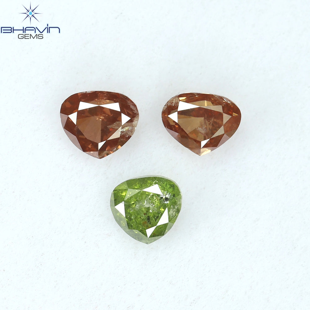 0.51 CT/3 Pcs Heart Shape Enhanced Pink Green Color Natural Loose Diamond I1 Clarity (3.20 MM)