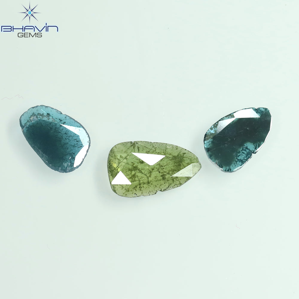 1.74 CT/3 Pcs Slice Shape Natural Diamond Blue Green Color I3 Clarity (11.31 MM)