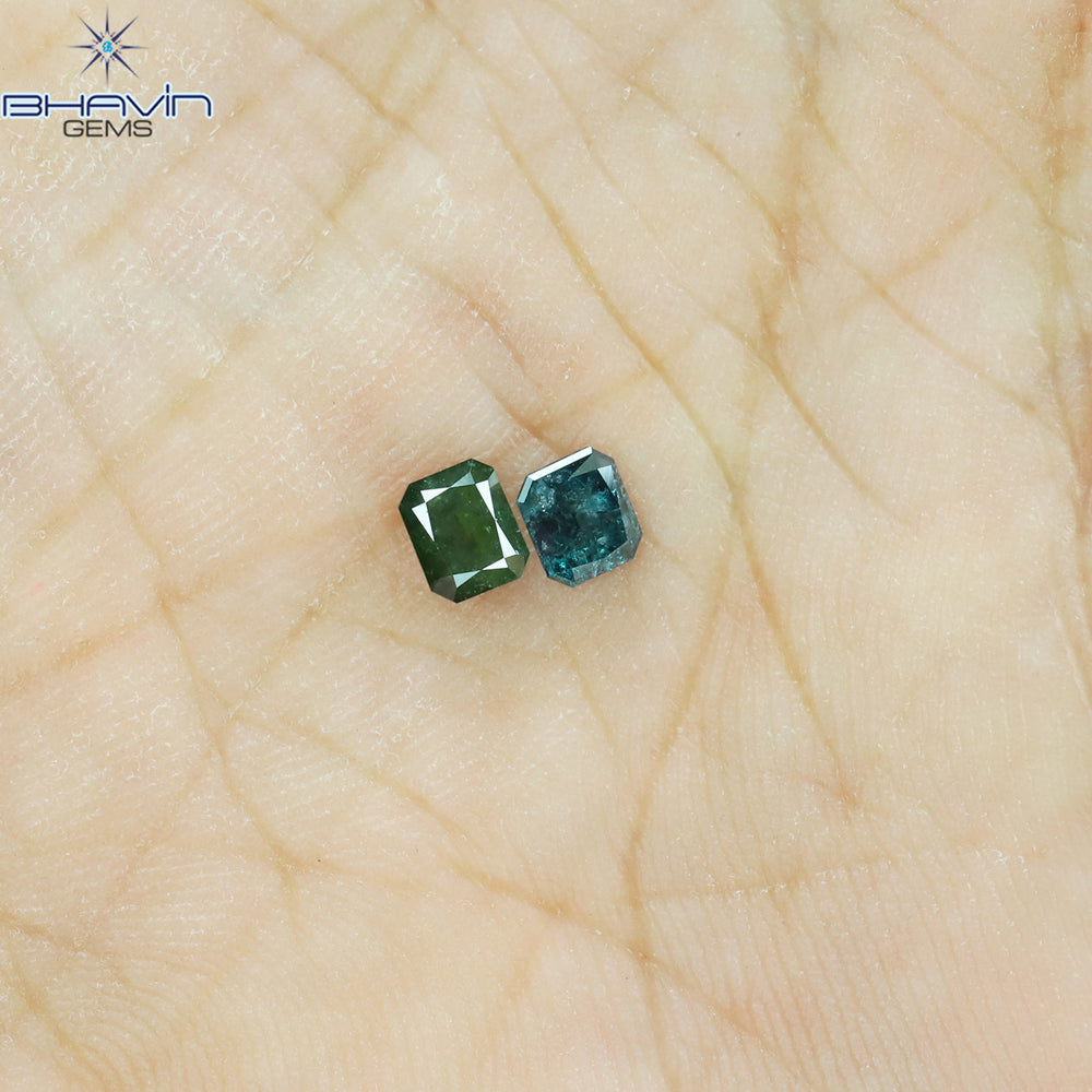 0.55 CT/2 Pcs Radiant Shape Natural Diamond Blue Green Color I3 Clarity (4.06 MM)