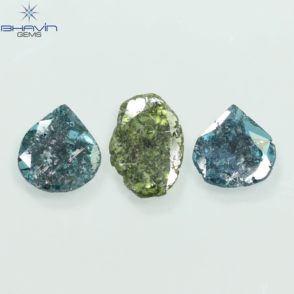 1.96 CT/3 Pcs Slice Shape Natural Diamond Blue Green Color I3 Clarity (10.06 MM)