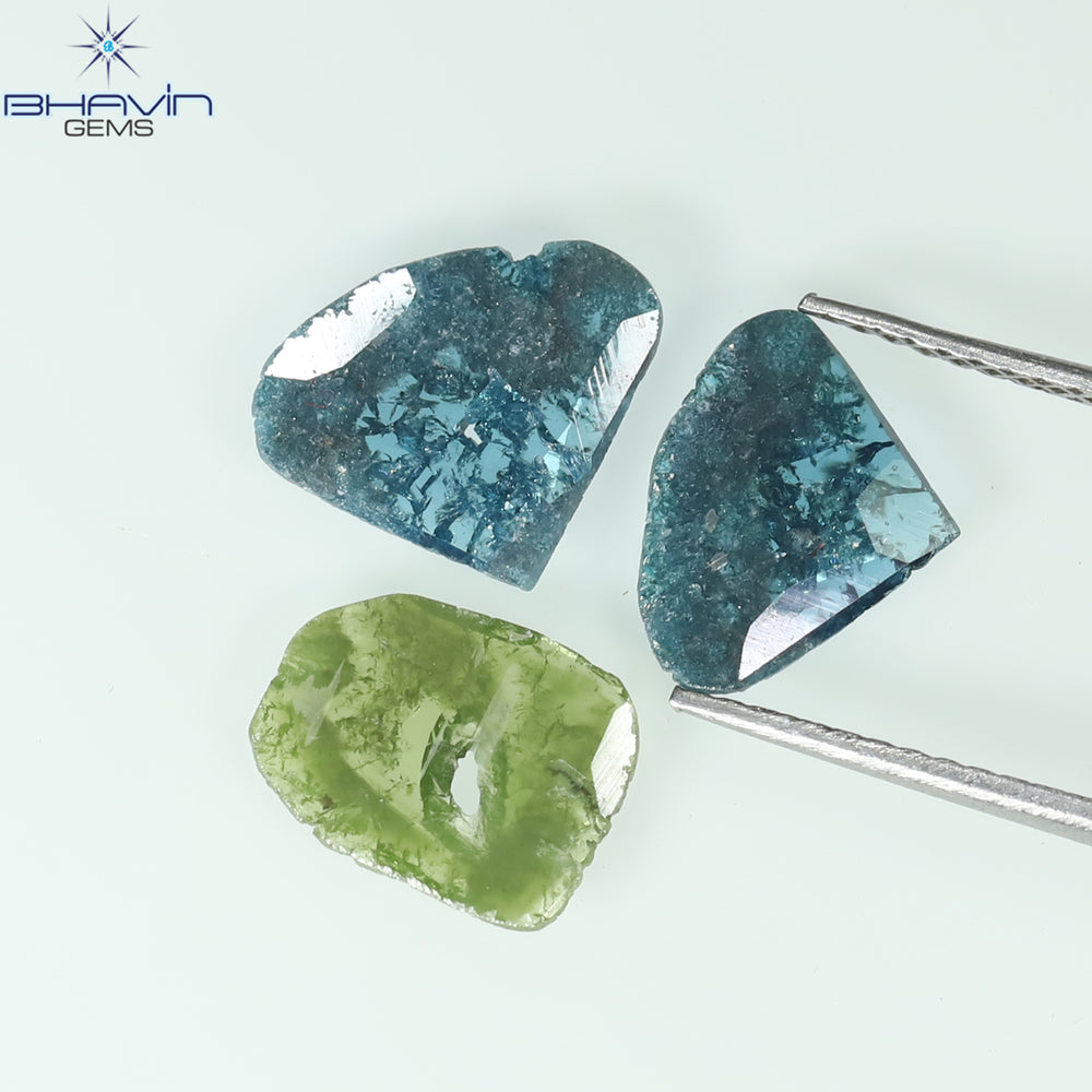 1.38 CT/3 Pcs Slice Shape Natural Diamond Blue Green Color I3 Clarity (9.53 MM)