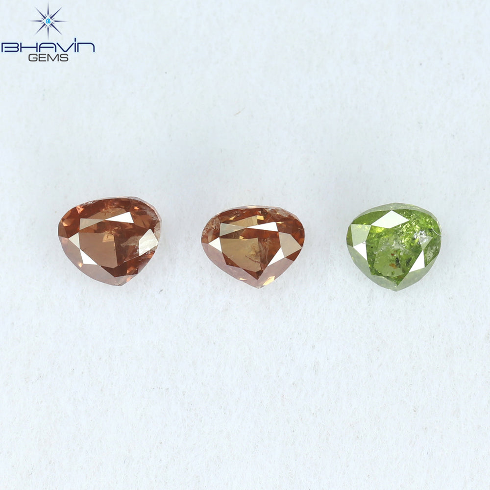 0.51 CT/3 Pcs Heart Shape Enhanced Pink Green Color Natural Loose Diamond I1 Clarity (3.20 MM)