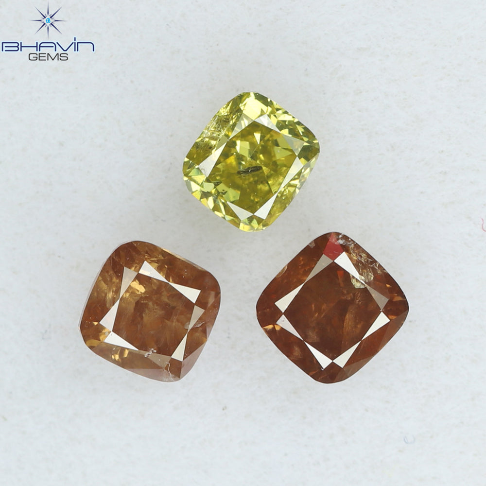 0.65 CT/3 Pcs Cushion Shape Natural Diamond Pink Yellow Color SI2 Clarity (3.18 MM)
