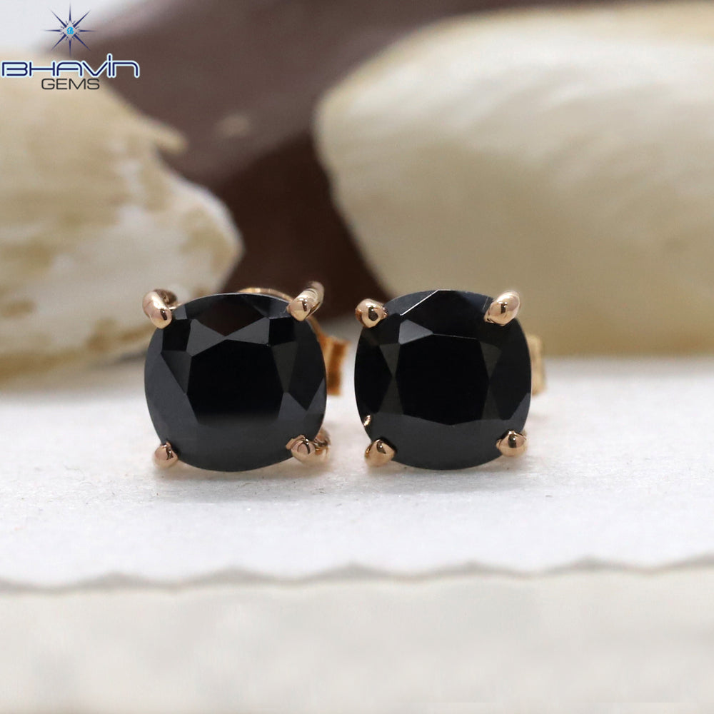 Cushion Diamond Black Natural Diamond Pendant-Earring Rose Gold Bridal Necklace