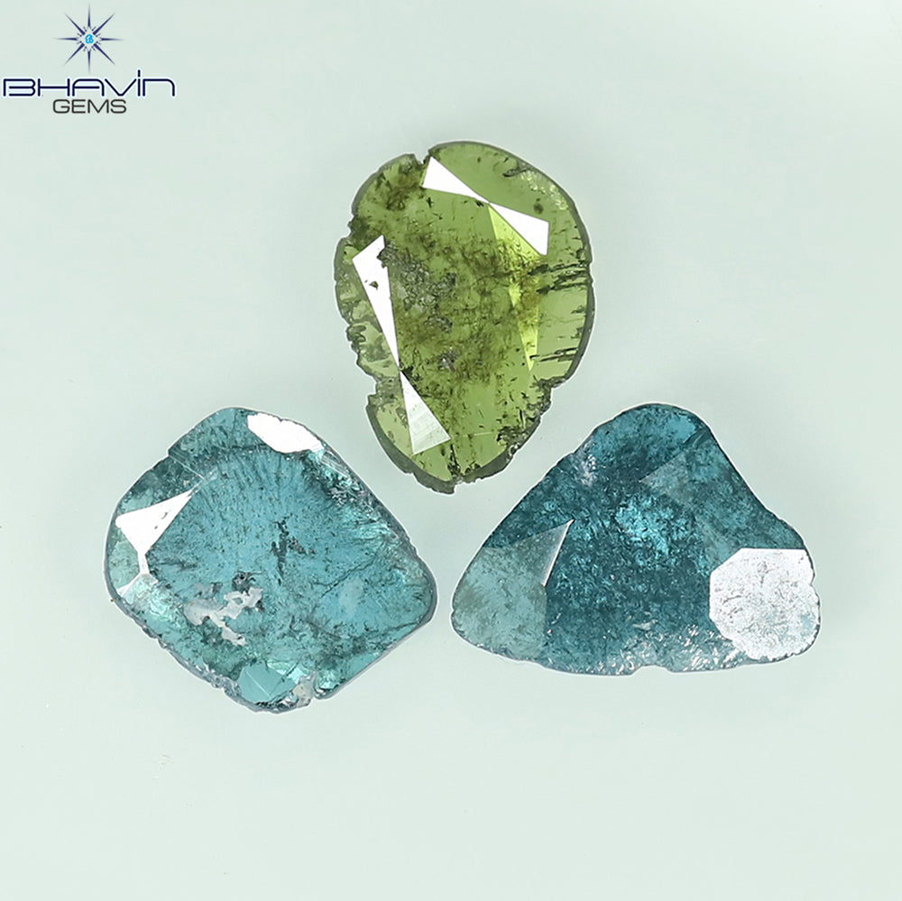 1.37 CT/3 Pcs Slice Shape Natural Diamond Blue Green Color I3 Clarity (8.84 MM)