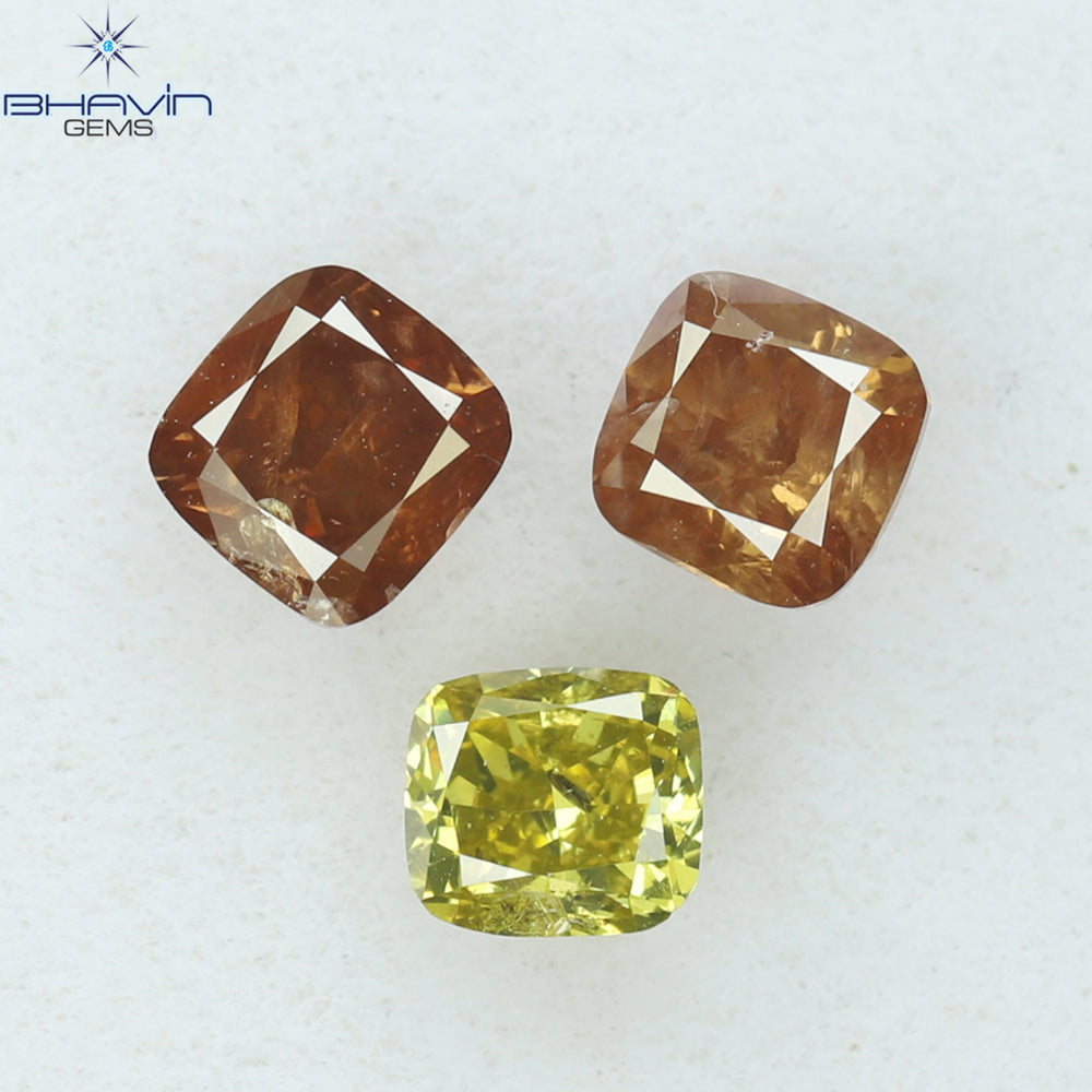 0.65 CT/3 Pcs Cushion Shape Natural Diamond Pink Yellow Color SI2 Clarity (3.18 MM)