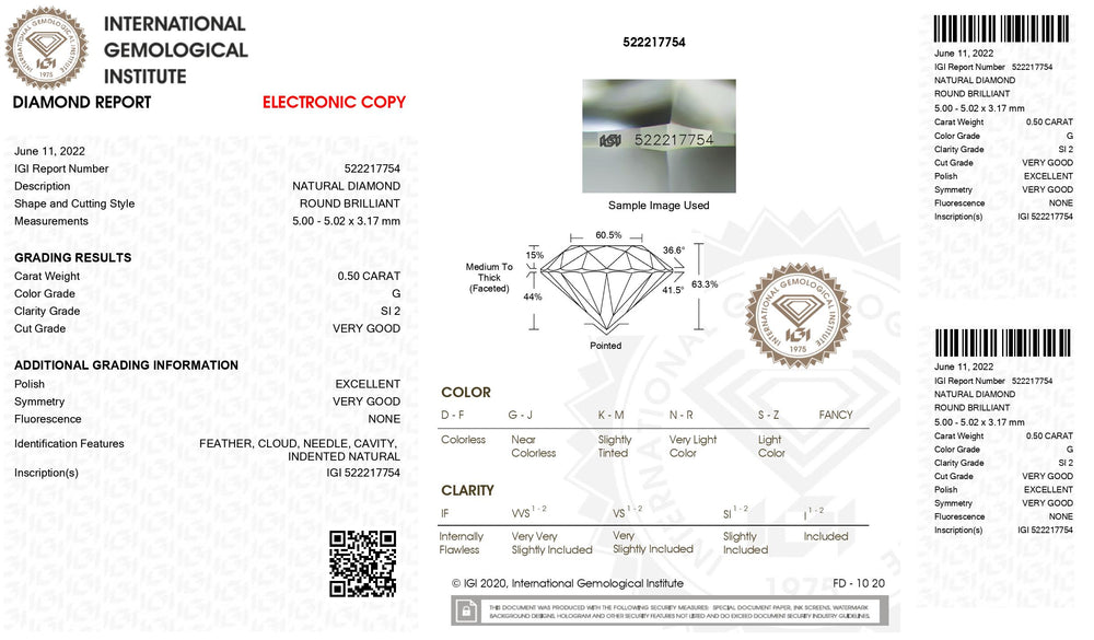 IGI Certified 0.50 CT Round Diamond White(G) Diamond Natural Loose Diamond SI2 Clarity (5.02 MM)