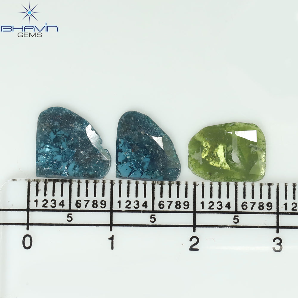1.38 CT/3 Pcs Slice Shape Natural Diamond Blue Green Color I3 Clarity (9.53 MM)