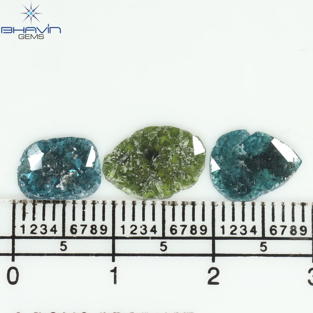 2.14 CT/3 Pcs Slice Shape Natural Diamond Blue Green Color I3 Clarity (10.56 MM)