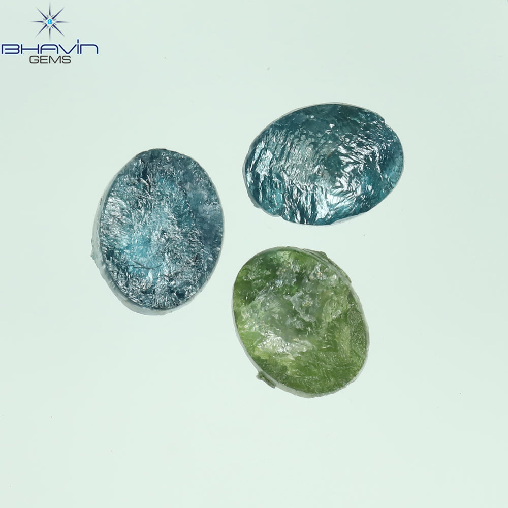 1.36 CT/3 Pcs Oval Rough Shape Blue Green Natural Loose Diamond I3 Clarity (6.70 MM)