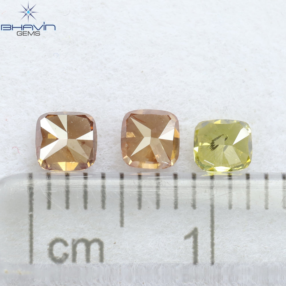 0.65 CT/3 Pcs Cushion Shape Natural Diamond Pink Yellow Color SI2 Clarity (3.18 MM)