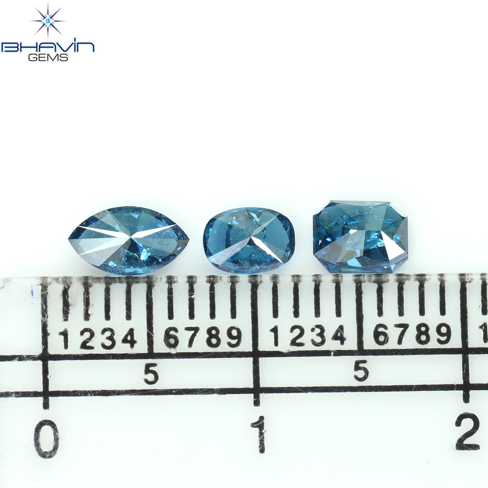 0.67 CT/3 ピース ミックス シェイプ ナチュラル ダイヤモンド ブルー カラー I2 クラリティ (5.77 MM)