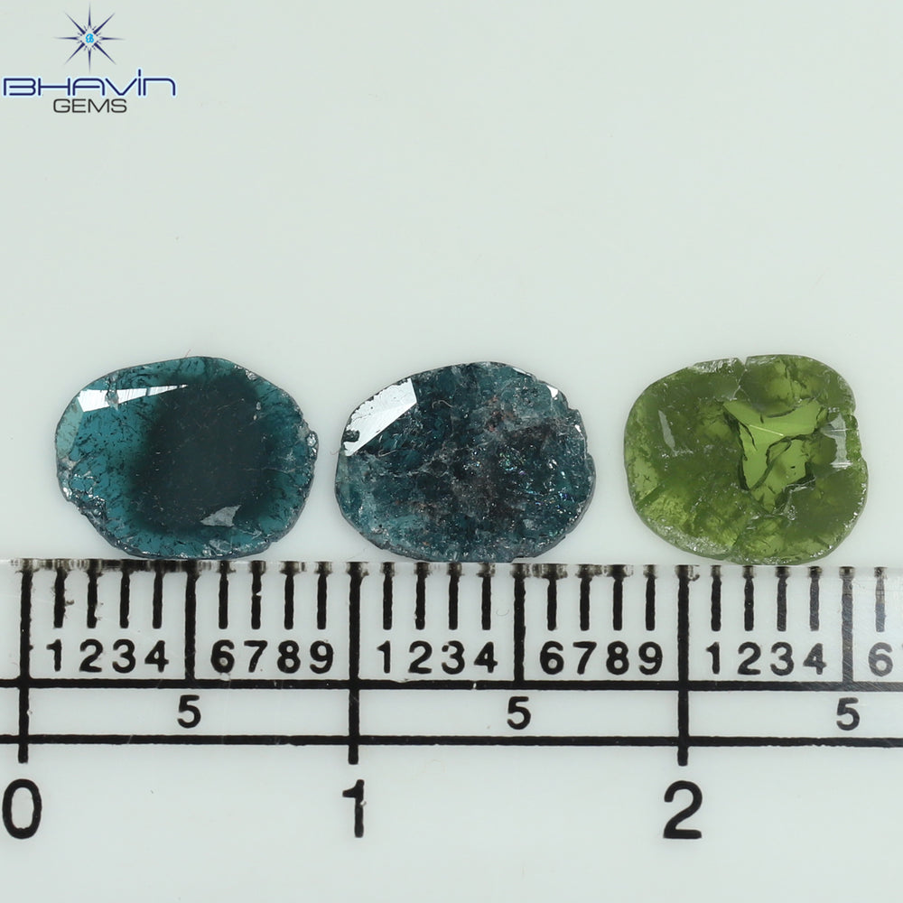 1.71 CT/3 Pcs Slice Shape Natural Diamond Blue Green Color I3 Clarity (8.01 MM)