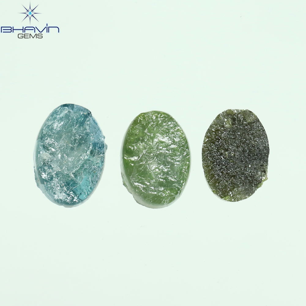 1.40 CT/3 Pcs Oval Rough Shape Blue Green Color Natural Loose Diamond I3 Clarity (6.15 MM)