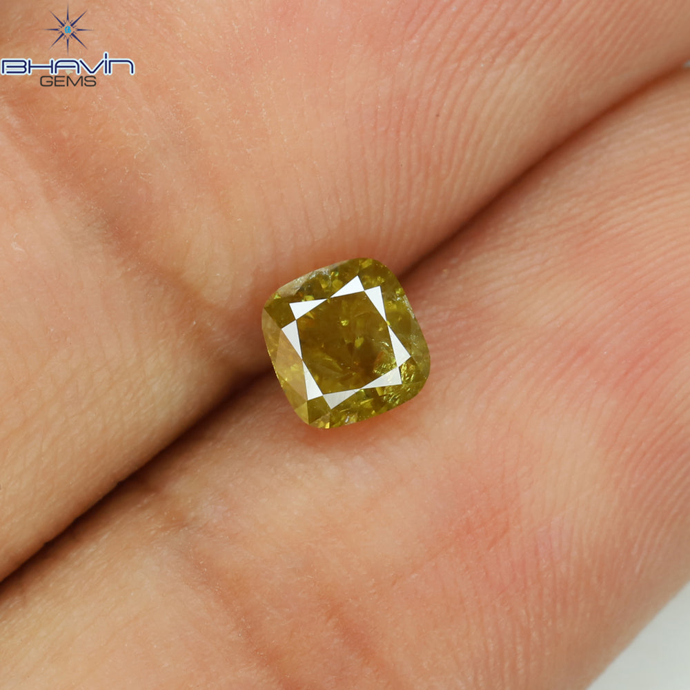 0.61 CT Cushion Shape Natural Diamond Yellow Green Color I2 Clarity (4.58 MM)