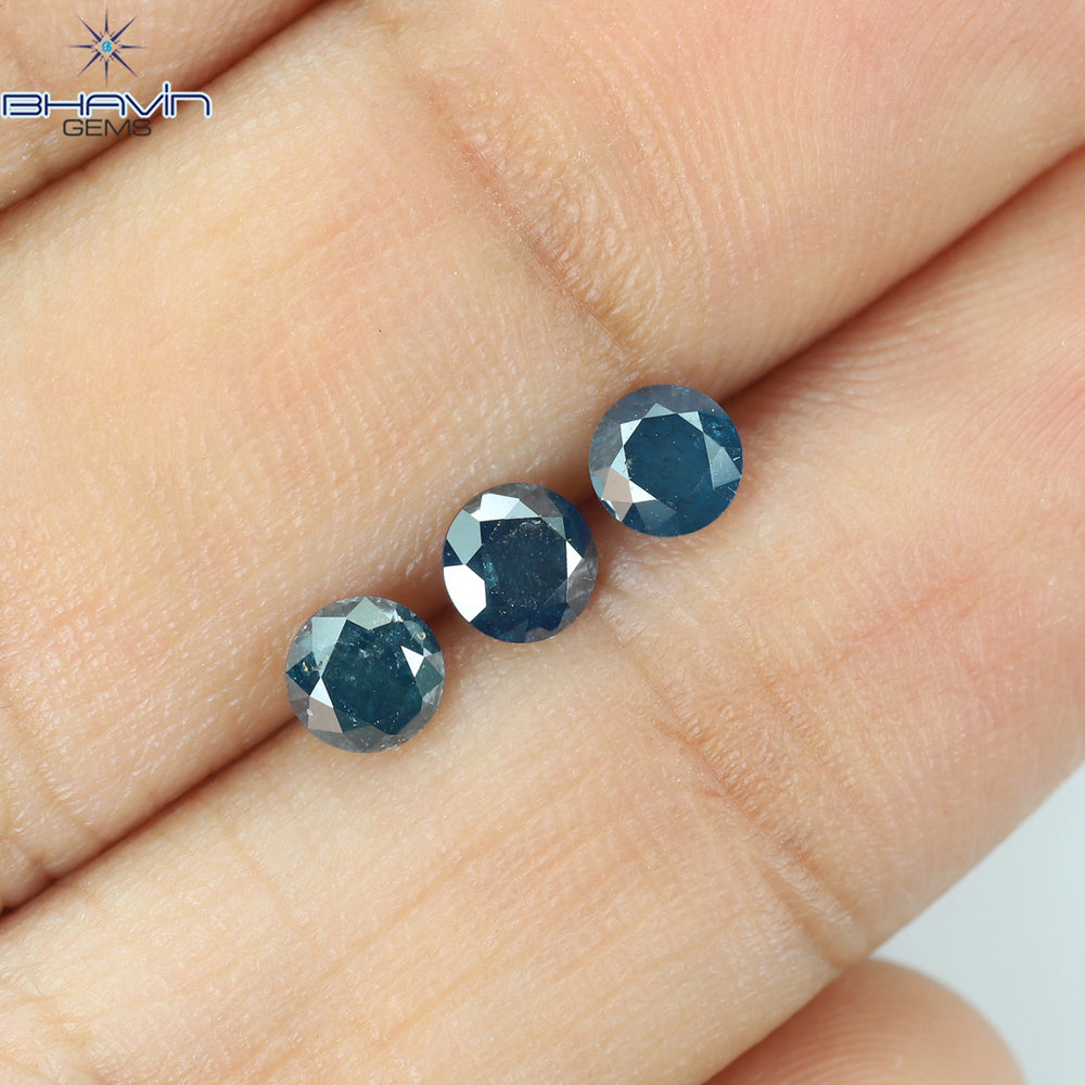 0.73 CT/3 ピース ラウンド ダイヤモンド ブルー ダイヤモンド 天然ダイヤモンド I3 クラリティ (3.88 MM)
