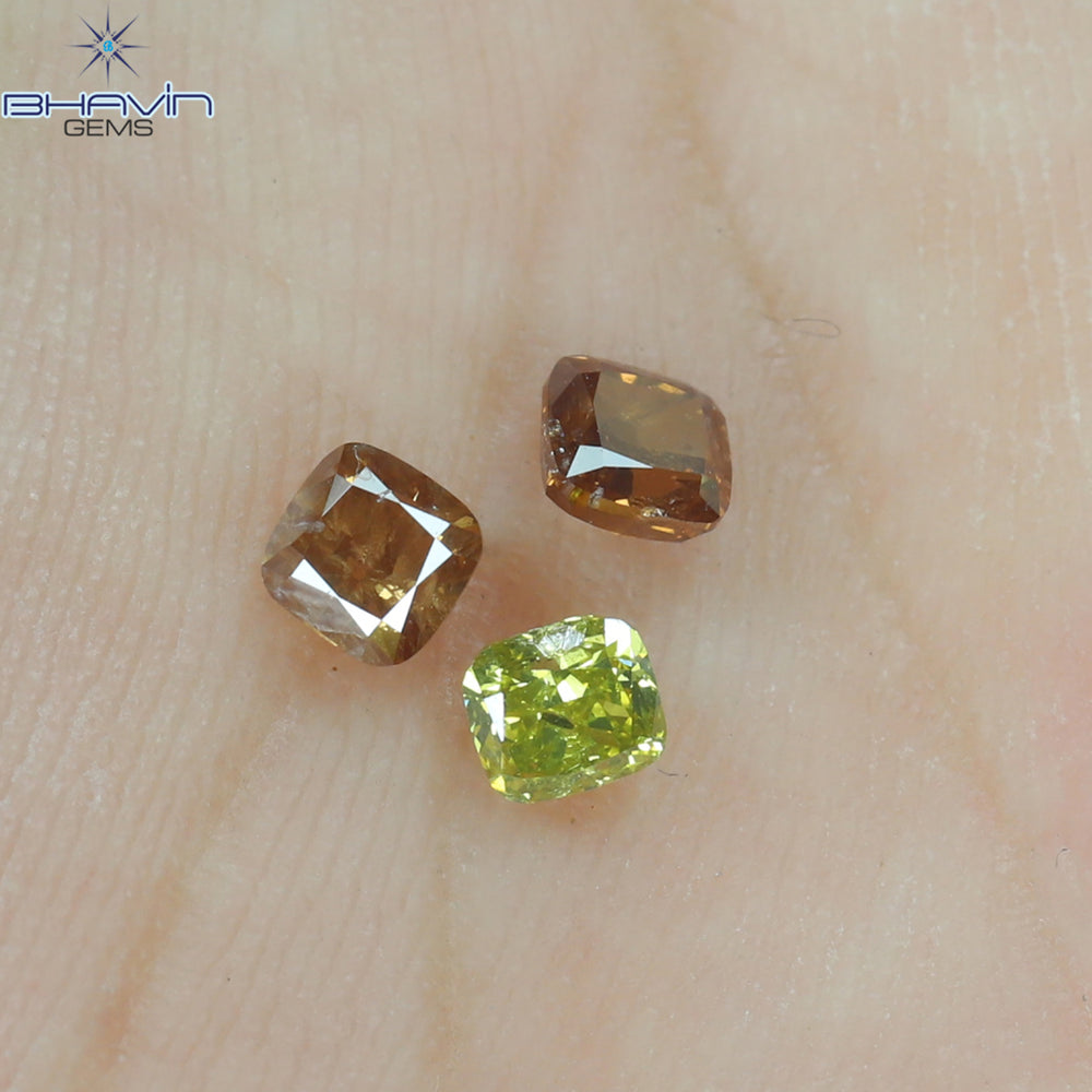 0.65 CT/3 Pcs Cushion Shape Natural Diamond Pink Yellow Color SI2 Clarity (3.18 MM)