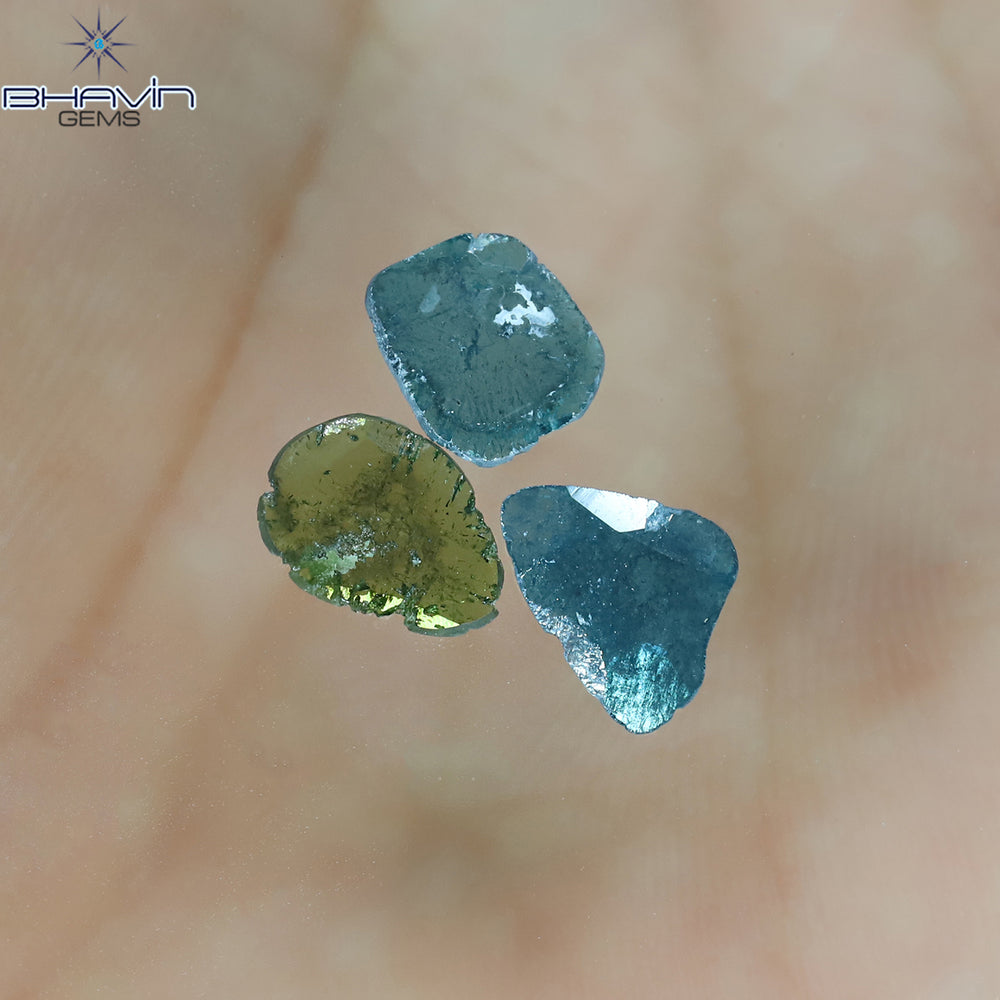 1.37 CT/3 Pcs Slice Shape Natural Diamond Blue Green Color I3 Clarity (8.84 MM)