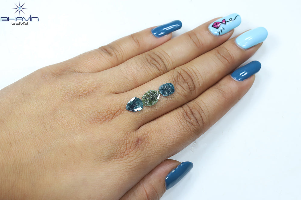 2.14 CT/3 Pcs Slice Shape Natural Diamond Blue Green Color I3 Clarity (10.56 MM)