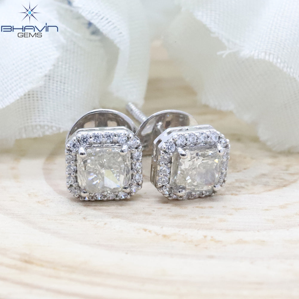White Gold Stud Earring, Cushion Diamond, White Diamond, Natural Diamond Earring