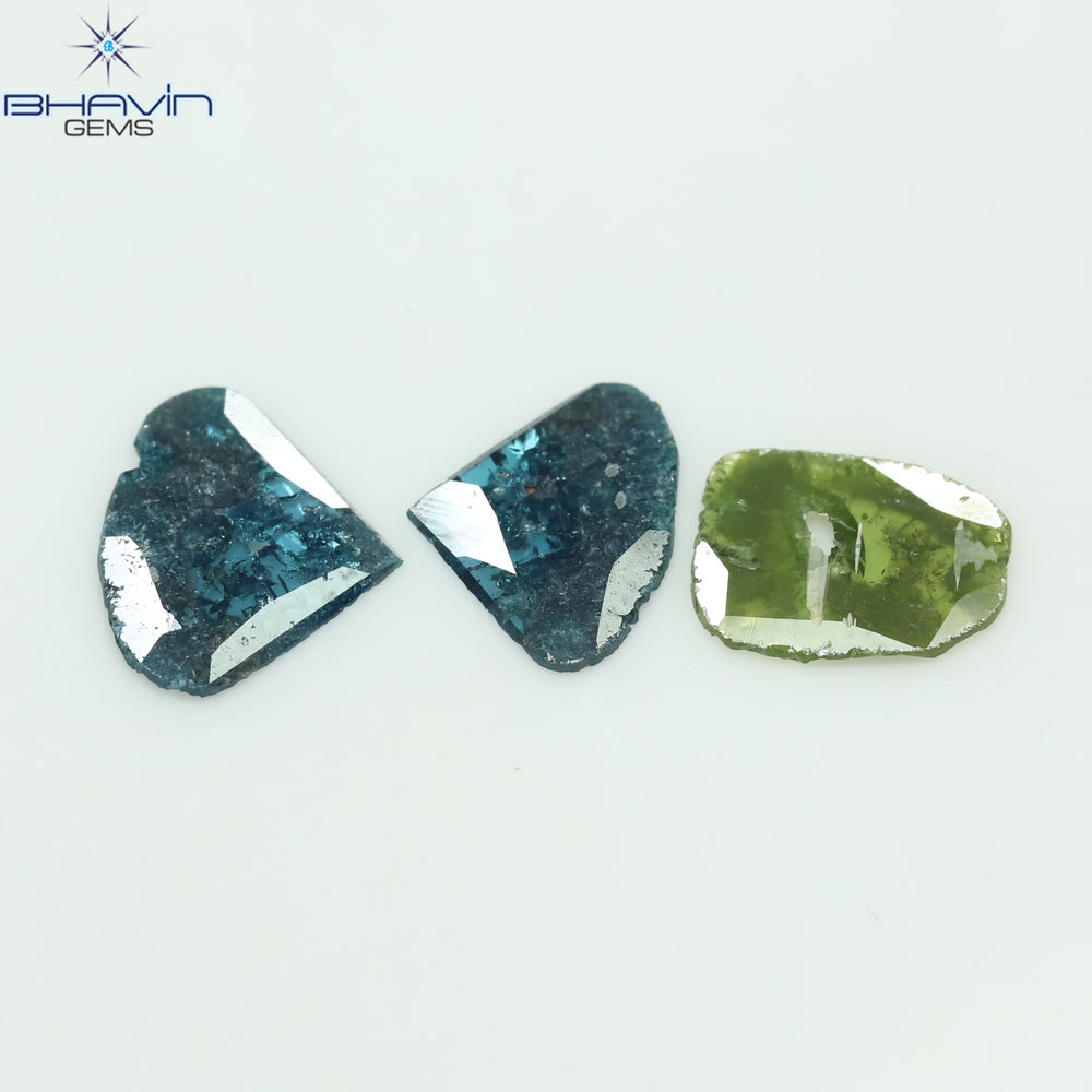 1.38 CT/3 Pcs Slice Shape Natural Diamond Blue Green Color I3 Clarity (9.53 MM)