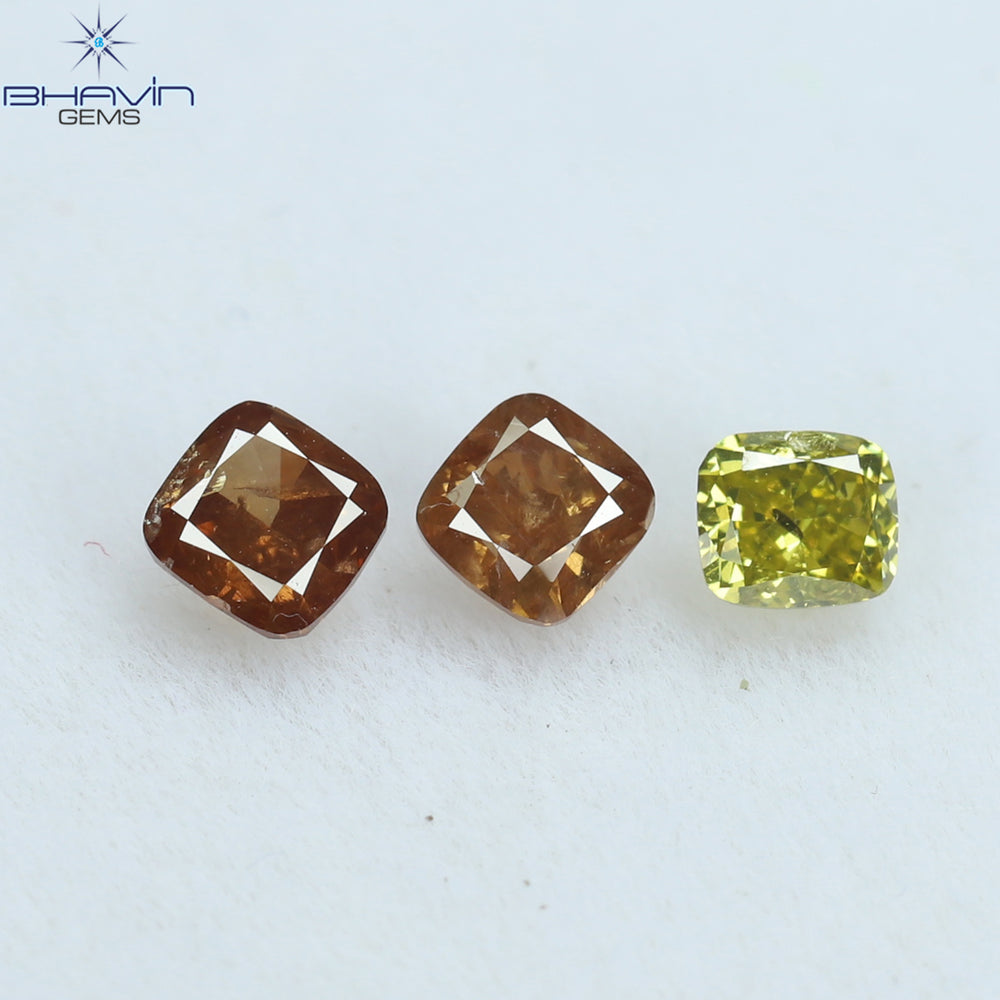 0.65 CT/3 Pcs Cushion Shape Natural Diamond Pink Yellow Color SI2 Clarity (3.18 MM)