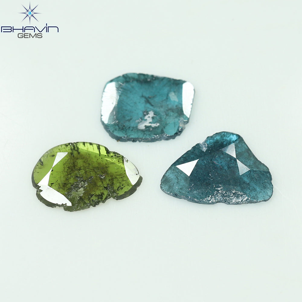 1.37 CT/3 Pcs Slice Shape Natural Diamond Blue Green Color I3 Clarity (8.84 MM)