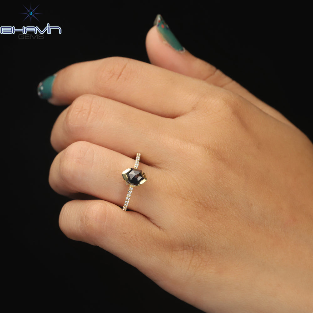 Hexagon Diamond Salt And Pepper Diamond Natural Diamond Ring Gold Ring Engagement Ring