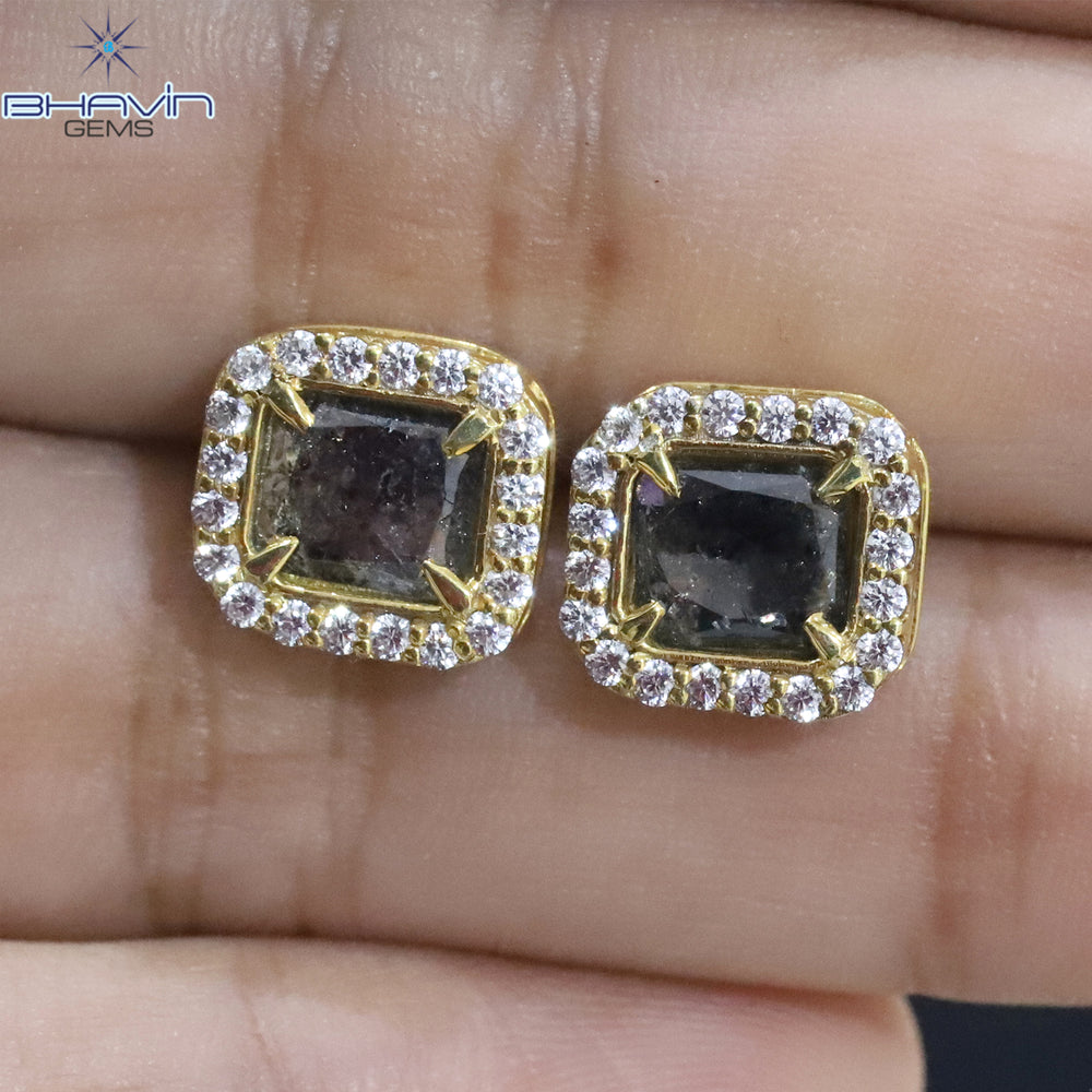 Yellow Gold Stud Earring, Emerald Diamond, Blue Diamond, Natural Diamond Earring