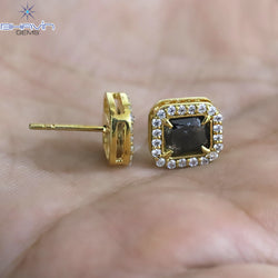 Yellow Gold Stud Earring, Emerald Diamond, Blue Diamond, Natural Diamond Earring