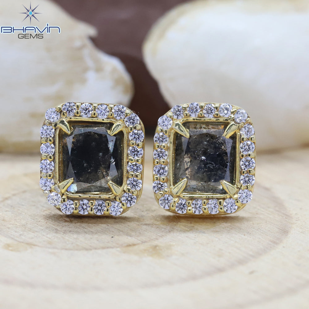 Yellow Gold Stud Earring, Emerald Diamond, Blue Diamond, Natural Diamond Earring