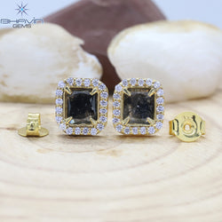 Yellow Gold Stud Earring, Emerald Diamond, Blue Diamond, Natural Diamond Earring