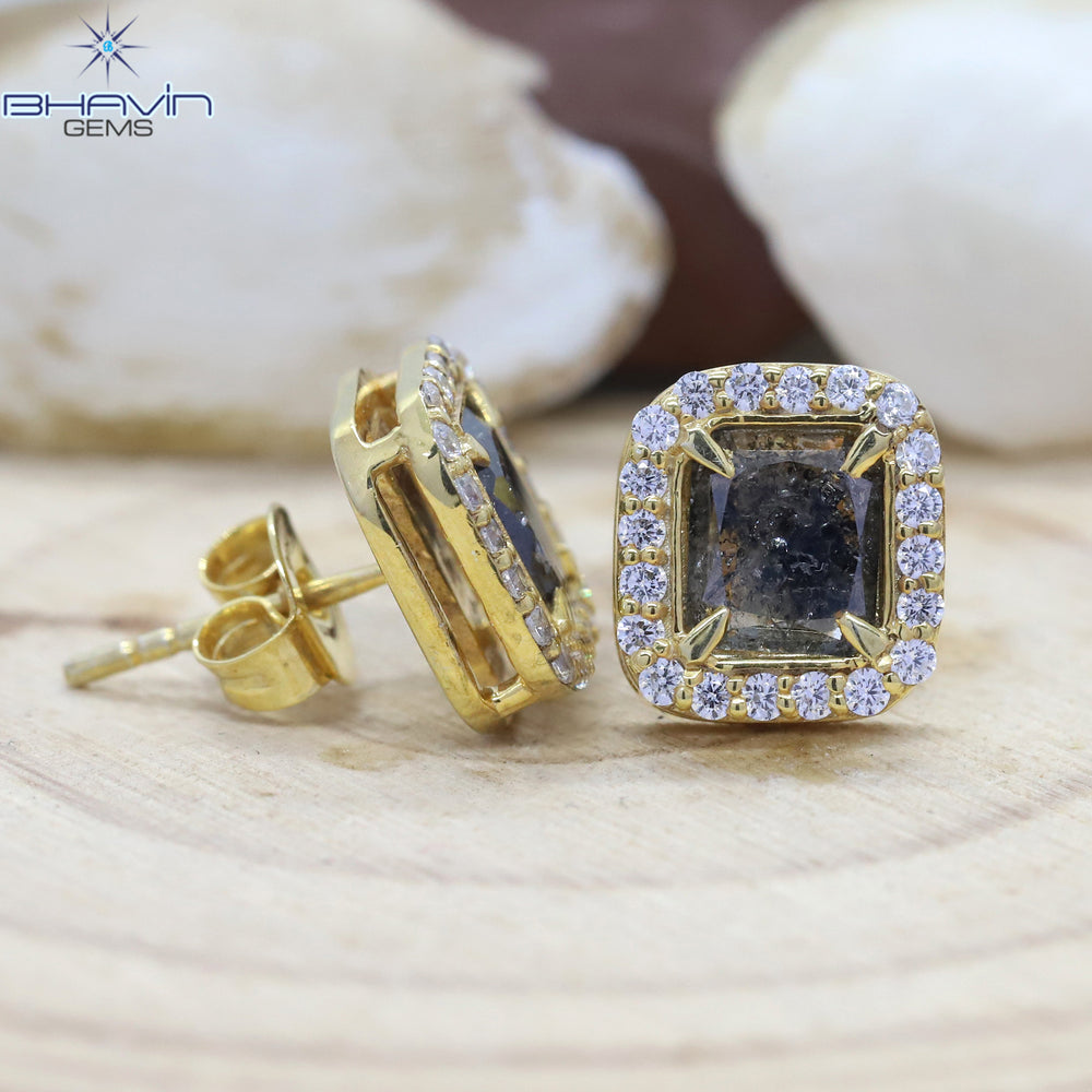 Yellow Gold Stud Earring, Emerald Diamond, Blue Diamond, Natural Diamond Earring