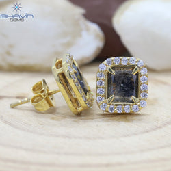Yellow Gold Stud Earring, Emerald Diamond, Blue Diamond, Natural Diamond Earring