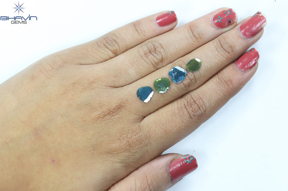 2.09 CT/4 Pcs Slice Shape Natural Diamond Blue Green Color I3 Clarity (8.87 MM)