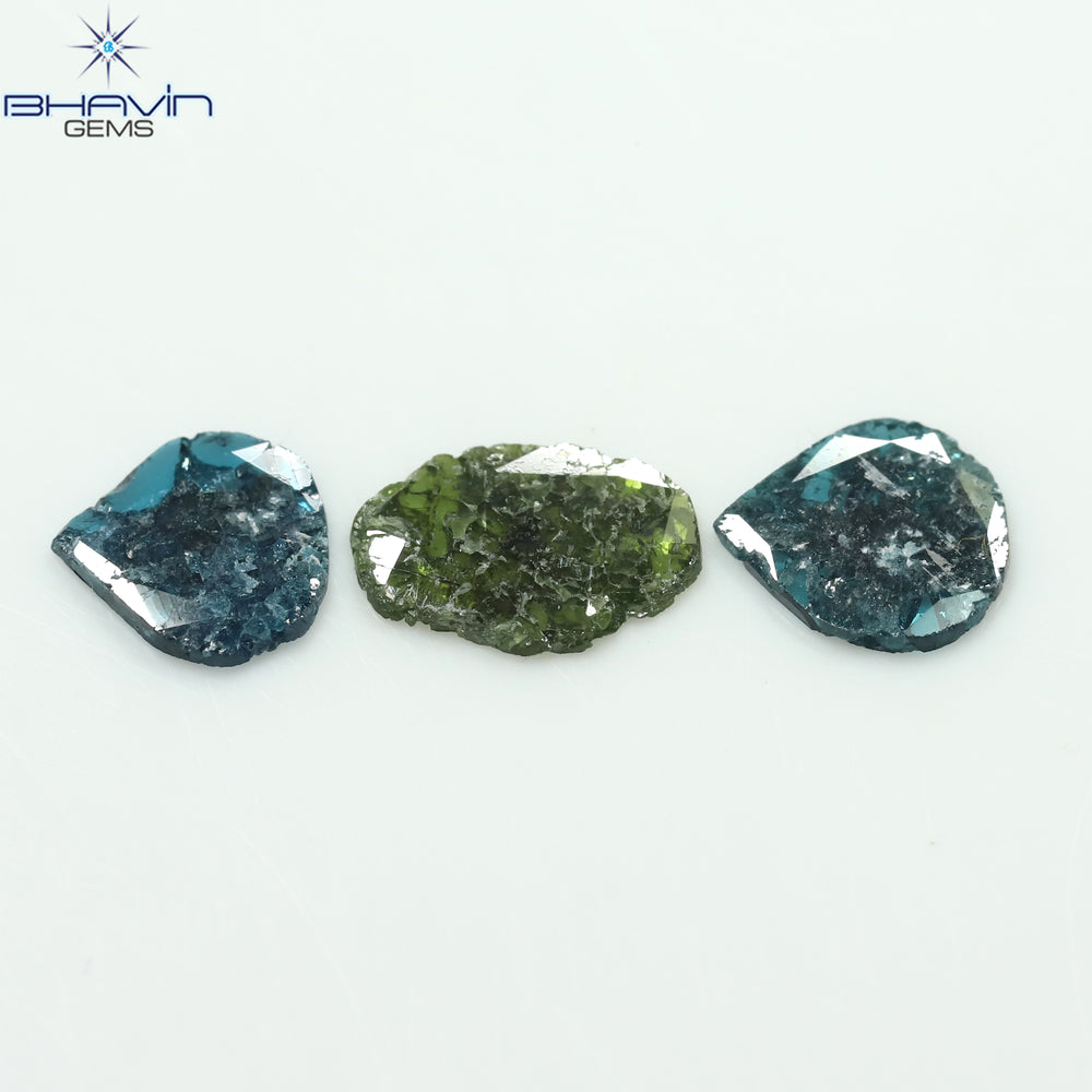 1.96 CT/3 Pcs Slice Shape Natural Diamond Blue Green Color I3 Clarity (10.06 MM)
