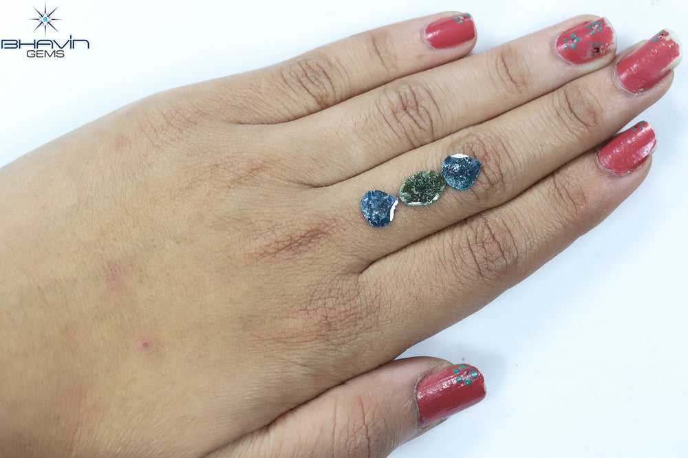 1.96 CT/3 Pcs Slice Shape Natural Diamond Blue Green Color I3 Clarity (10.06 MM)