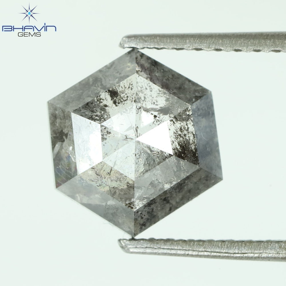 1.13 CT、ヘキサゴン シェイプ ナチュラル ルース ダイヤモンド、ブラック グレー (ソルト アンド ペッパー)カラー、クラリティ I3  (7.74 MM)